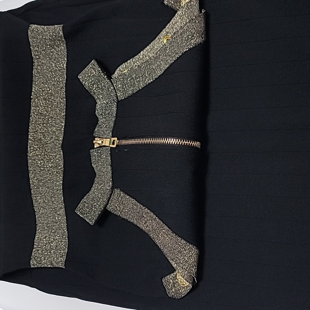 Black Knit Halter Dress With Gold Buttons And Metallic Lurex Trims - Picture 7 of 11